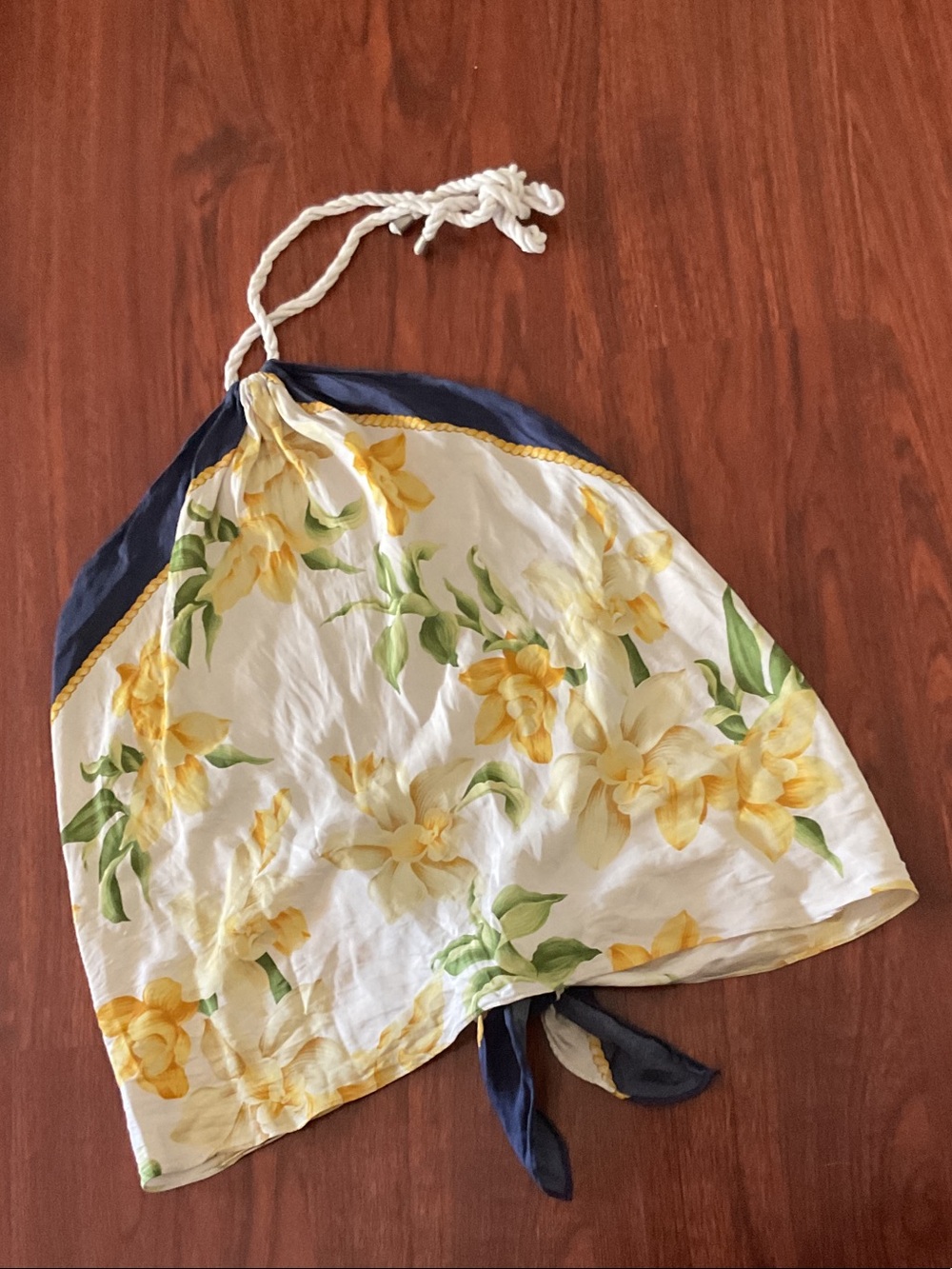 Floral Yellow and Navy Beach adjustable sleeveless top w tie in back & neck tie